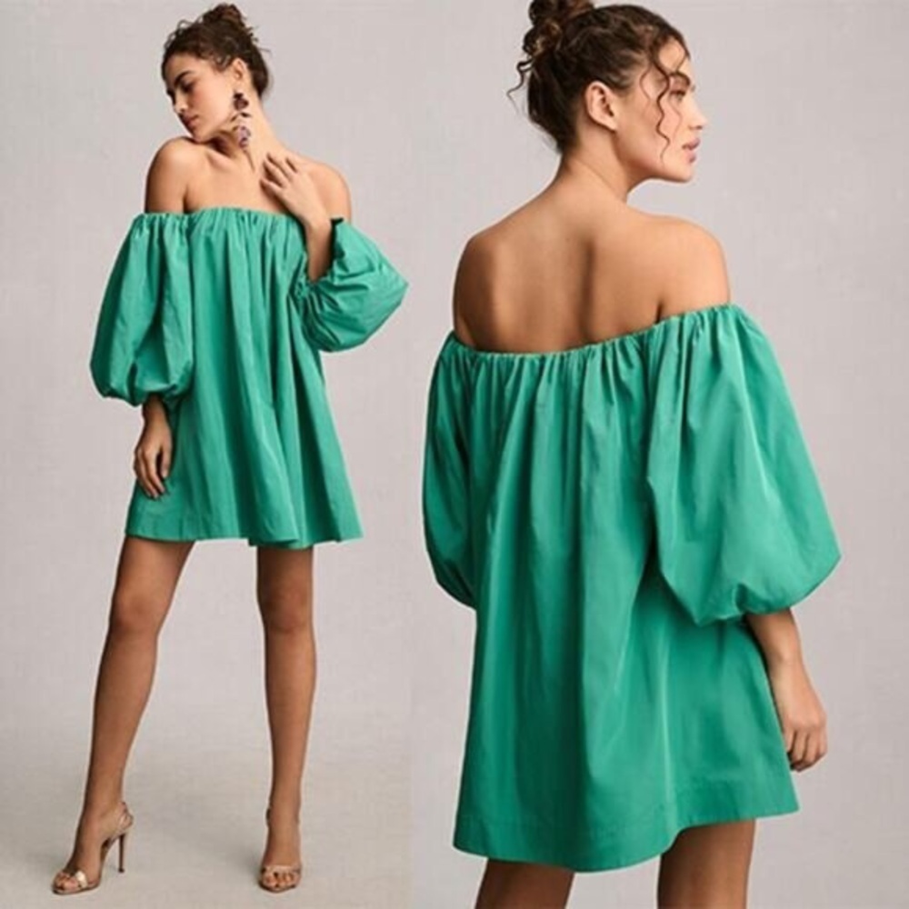 Anthropologie Mare Mare Off The Shoulder Puff Sleeve Green Mini Dress Size Small